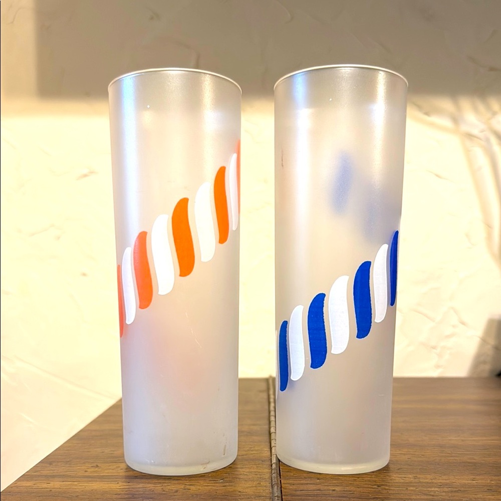 Vintage 2pc Libbey Candy Stripe Tom Collins Glasses MCM Frosted Barware 7" Tall